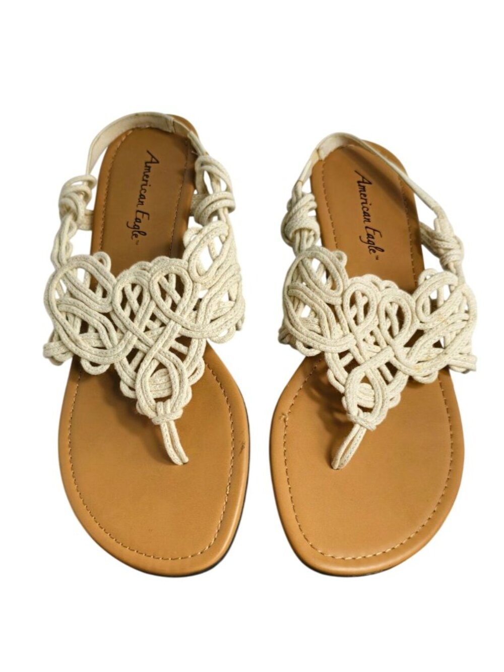 American Eagle Womens 11 Sandals Beige Macrame Sling Back Toe Post Flats Casual